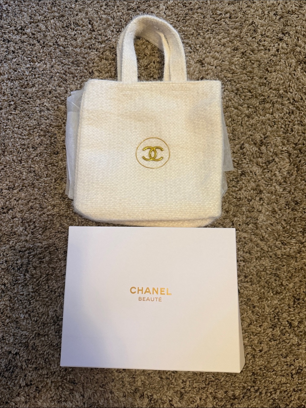 CHANEL Cream Bouclé Mini Tote with Gold CC Emblem New in box!